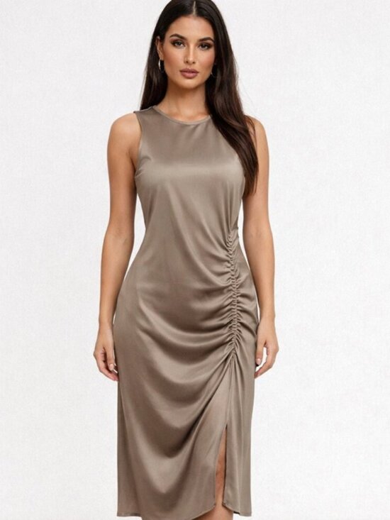 House of Harlow 1960 Dresses & Skirts - House of Harlow 1960 | Satin Side Ruched Midi Dress Sleeveless Taupe Sz M
